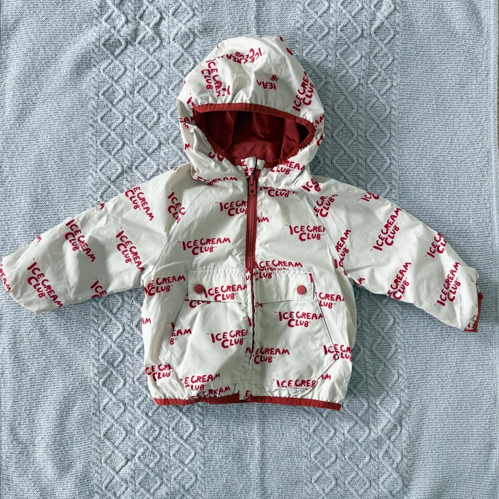 Zara Cream & Brick Red Ice Cream Club Reversible Hooded Rain Jacket